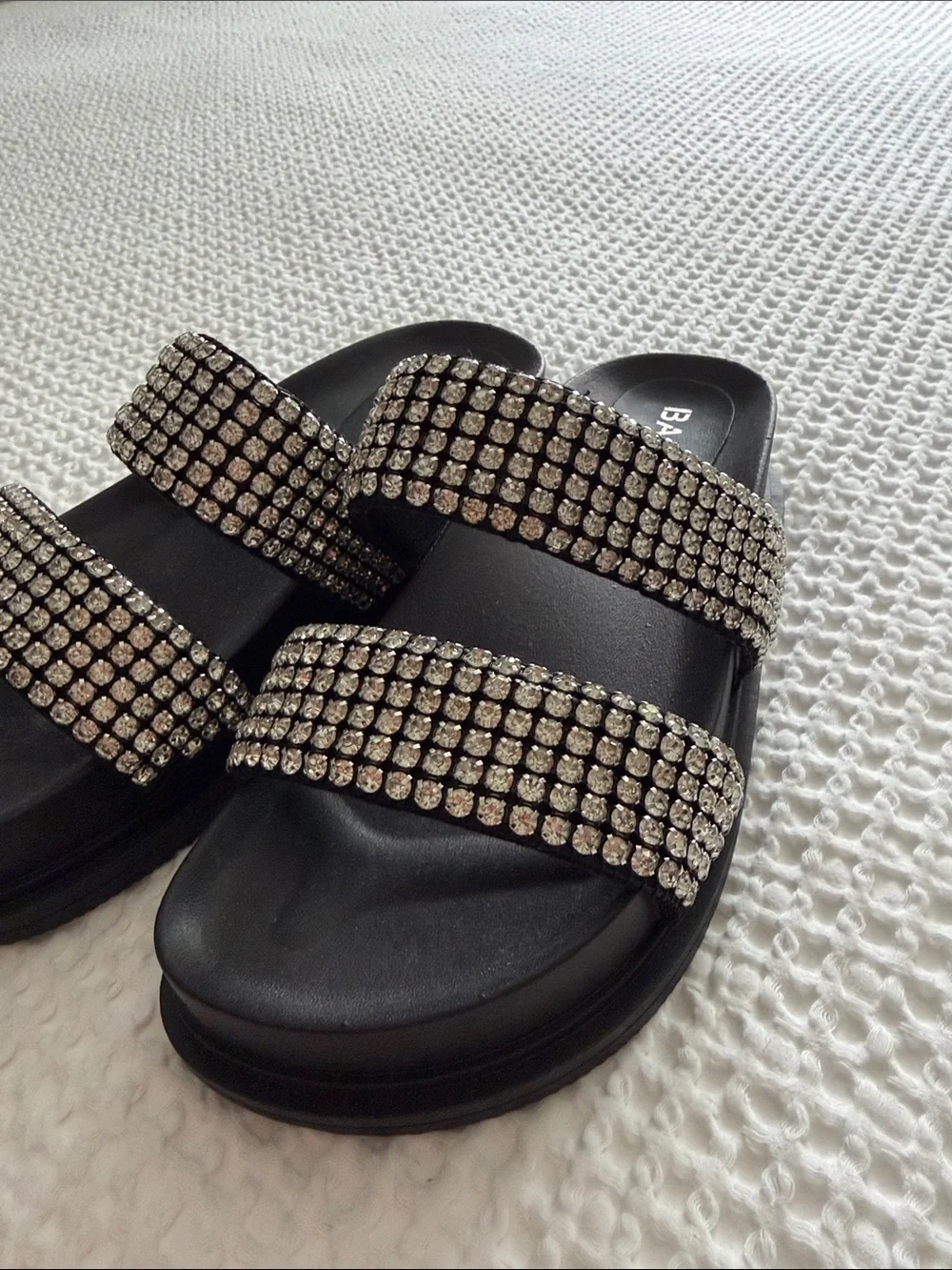 Ing Black Crystal-Embellished Triple Strap Platform Slides size 6.5